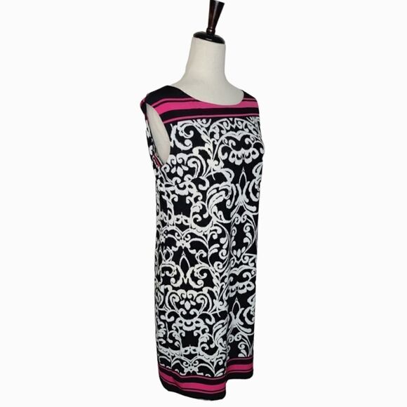 Jessica Howard Black White & Pink Baroque Print Boat Neck Shift Dress Size M - Picture 2 of 8